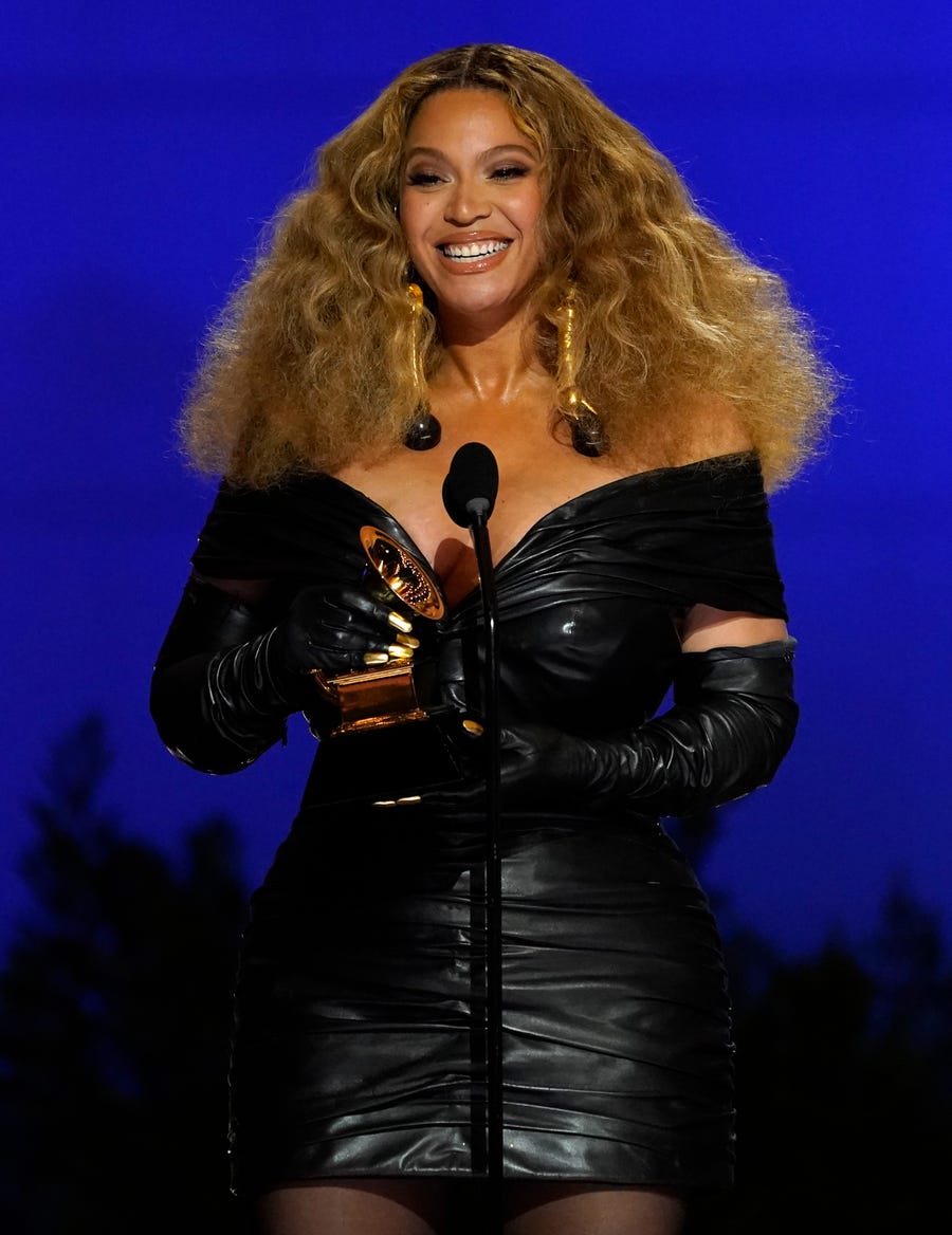 Beyonce accepts the award for best R&B performance for "Black Parade" at the 63rd annual Grammy Awards at the Los Angeles Convention Center on Sunday, March 14, 2021. (AP Photo/Chris Pizzello) ORG XMIT: CADC884