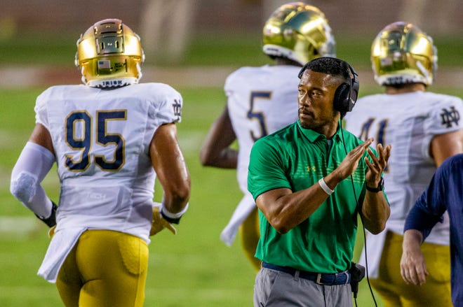 Notre Dame defensive coordinator Marcus Freeman on the sidelines during the Notre Dame-Florida State NCAA football game on Sunday, Sept. 5, 2021, in Tallahassee, Florida. 