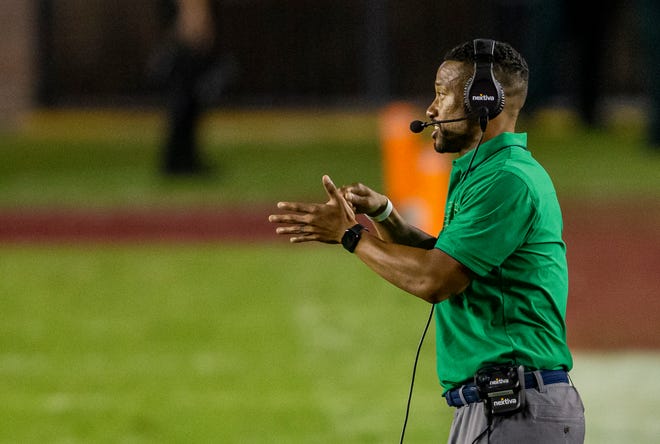 Notre Dame defensive coordinator Marcus Freeman directs players during Notre Dame's 41-38 overtime win over Florida State Sunday, Sept. 5, 2021, in Tallahassee, Fla.