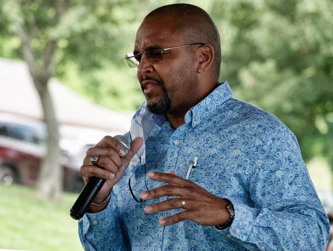 U.S. Congress North Carolina 11th District candidate Eric Gash speaks during the first Annual Community Festival Sept. 5 at Sullivan Park.