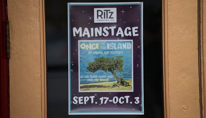 A poster for the upcoming production of 'Once on This Island' is displayed at The Ritz Theatre Company in Haddon Township.