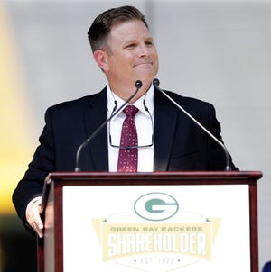 Green Bay Packers general manager Brian Gutekunst, seen here last summer during the annual shareholders meeting, spoke to the media on Wednesday about a wide range of topics, including Aaron Rodgers and Davante Adams.