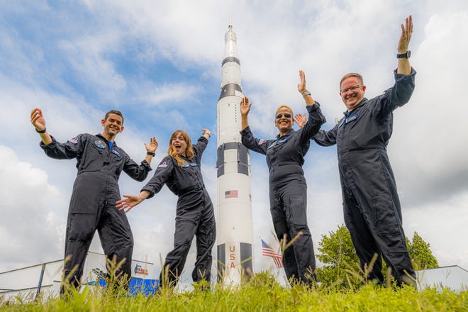 Inspiration4 crew members Jared Isaacman, Haley Arceneaux, Sian Proctor and Chris Sembroski pose for a picture at Space Camp in Huntsville, Alabama.