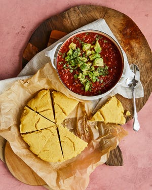 Vegetarian Chili is paired with vegan cornbread, one of 120 recipes from Cassy Joy Garcia in "Cook Once Dinner Fix."