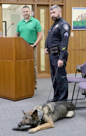Sturgis Public Safety Director Ryan Banaszak and Sgt. Frank Noel talk about the retirement of K-9 Tucky, at the Sturgis City Commission meeting.