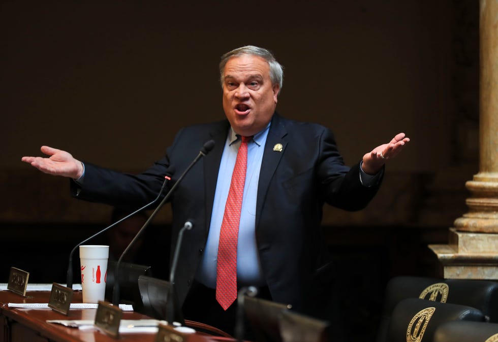 An agitated Senate President Robert Stivers rips into Gov. Andy Beshear and Dr. Steven Stack during a hearing as part of a legislative special session. Sept. 9, 2021