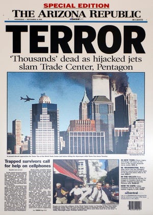 The front page of The Arizona Republic after the 9/11 terrorist attacks.