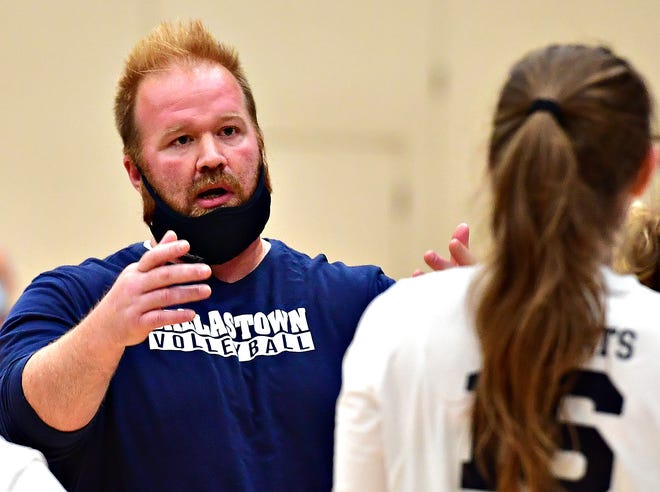 Dallastown Head Coach Joe Ramp during girls' volleyball action at Spring Grove Area High School in Jackson Township, Wednesday, Sept. 8, 2021. Dawn J. Sagert photo