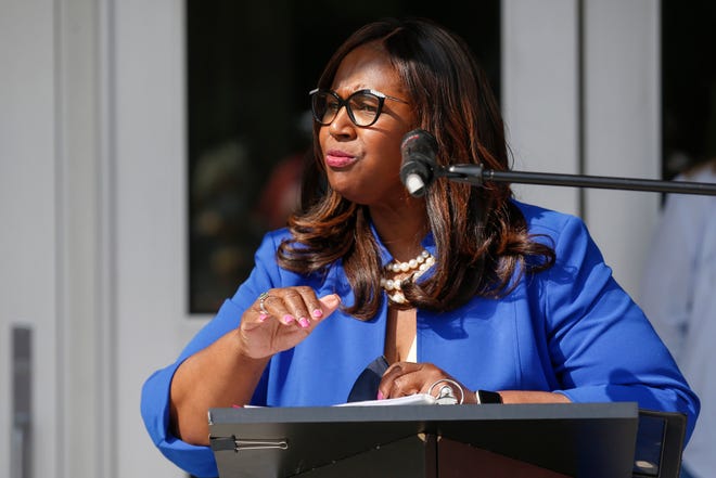 Springfield Public Schools Superintendent Grenita Lathan speaks during a ribbon cutting ceremony for Boyd Elementary School on Thursday, Sep. 9, 2021.