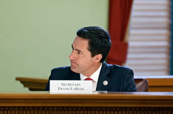 Secretary of State Frank LaRose listens to an Ohioan voice his concern over Ohio House and Senate district draft maps during a meeting at the Ohio Statehouse in Columbus, Ohio on September 9, 2021. LaRose is one of seven on the Ohio Redistricting Commission. 