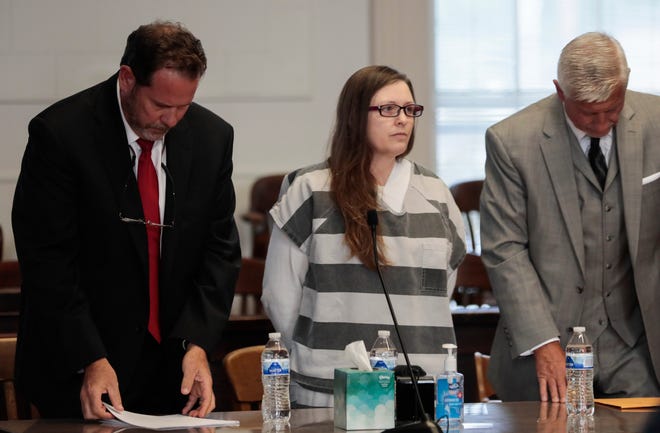 Angela Wagner stands in the courtroom with her attorney during a hearing on Friday, Sept. 10, 2021 at the Pike County Courthouse in Waverly, Ohio.