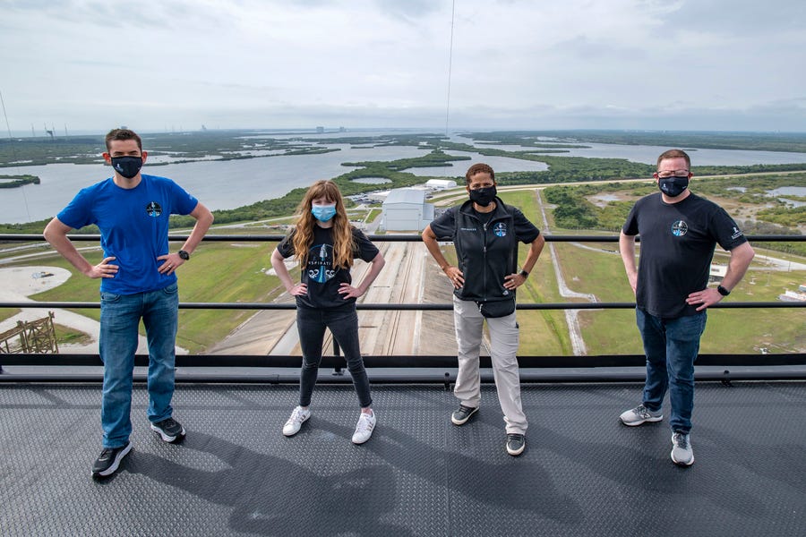 The crew of Inspiration4 at the tower at Launch Complex 39A at Kennedy Space Center. From left, Jared Isaacman, Hayley Arceneaux, Sian Proctor and Chris Sembroski.