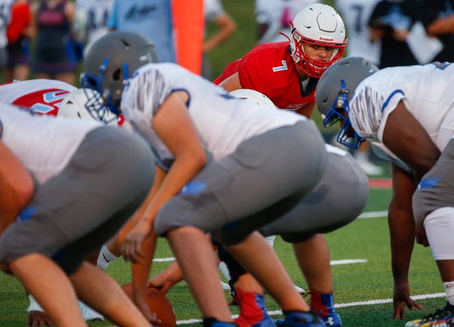 Cooper Roy, of Glendale, looks down the Hillcrest offensive line during the Falcons game against Hillcrest at Glendale High School on Thursday, Sep. 9, 2021.