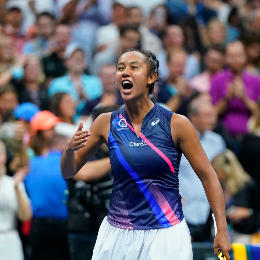 Canada's Leylah Fernandez, 19, celebrates after defeating No. 2 seed Aryna Sabalenka of Belarus in the semifinals of the 2021 U.S. Open in New York City on Thursday, Sept. 9, 2021.