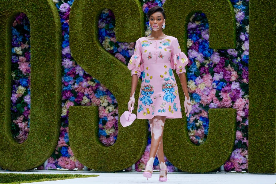 The Moschino collection is modeled during New York Fashion Week, Thursday, Sept. 9, 2021. (AP Photo/Mary Altaffer) ORG XMIT: NYMA120