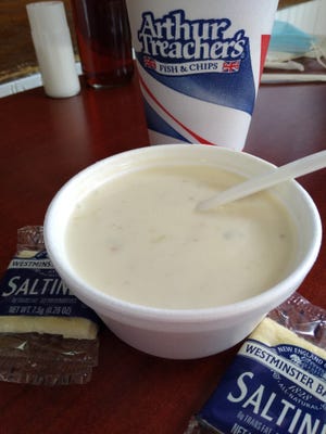 Arthur Treacher's clam chowder is loaded with clams and potatoes.