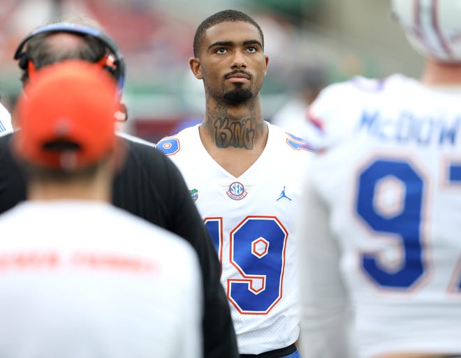 Florida dismissed senior transfer defensive back Elijah Blades (19) from the team Sunday, coach Dan Mullen said Monday.