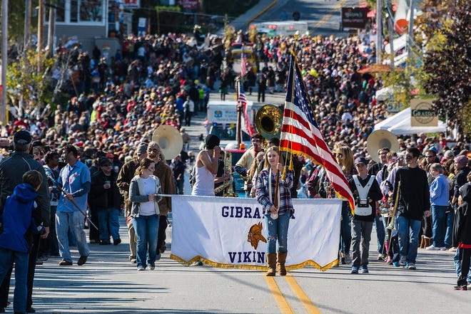 The Gibraltar High School band marches in the Fall Fest parade in Sister Bay. Organizers say this annual parade is the largest in Door County, and the 75th Fall Fest takes place Oct. 15 to 17.