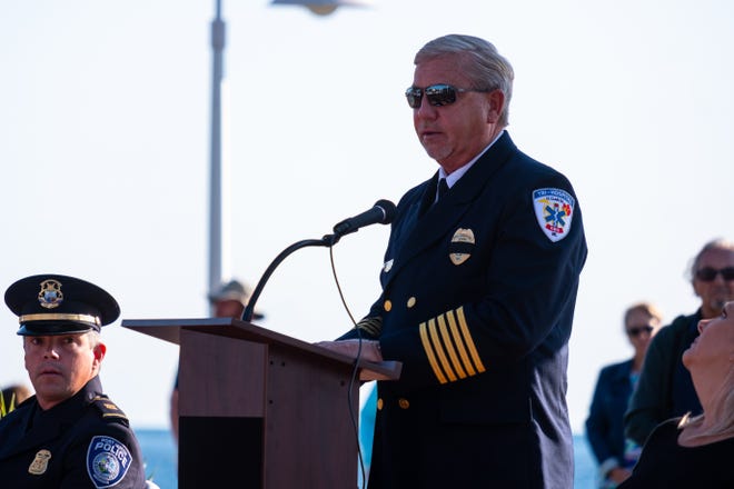 Tri-Hospital EMS CEO Ken Cummings delivers remarks during the annual Sept. 11 remembrance ceremony Saturday, Sept. 11, 2021, at the International Flag Plaza in Port Huron.