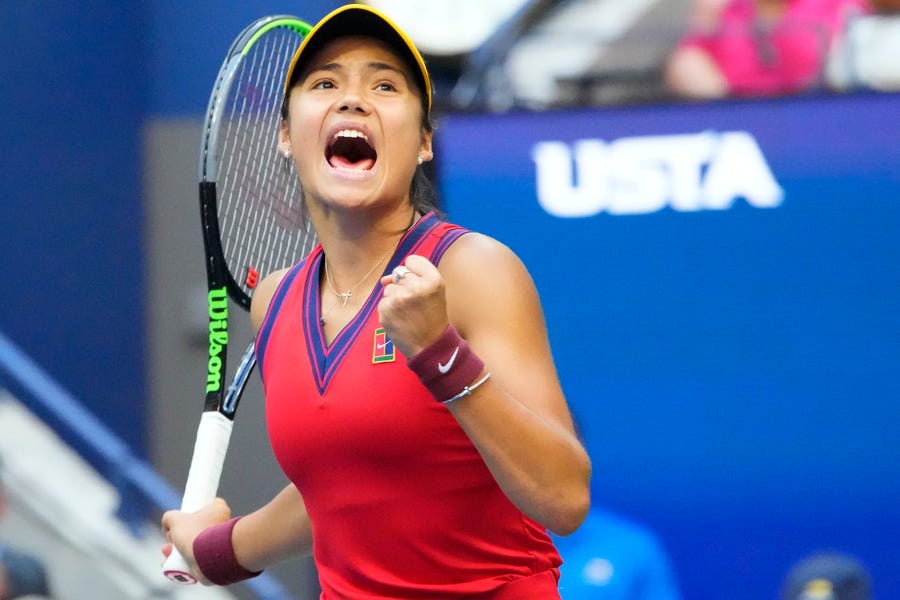Emma Raducanu reacts after winning a point against Leylah Fernandez during the U.S. Open women's final.