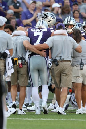 Kansas State quarterback Skylar Thompson (7) is helped off the field early in the game Saturday against Southern Illinois at Bill Snyder Family Stadium.