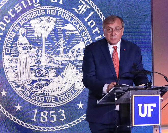 University of Florida president Kent Fuchs delivers comments during the announcement of UF reaching the Top 5 universities in the country, during a ceremony at Alumni Hall on the UF campus in Gainesville, Fla. Sept. 13, 2021.