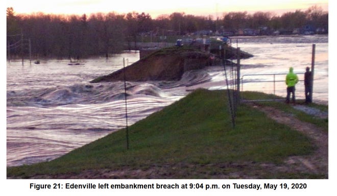 A photo shows the Edenville left embankment breach at 9:04 p.m. on Tuesday, May 19, 2020.