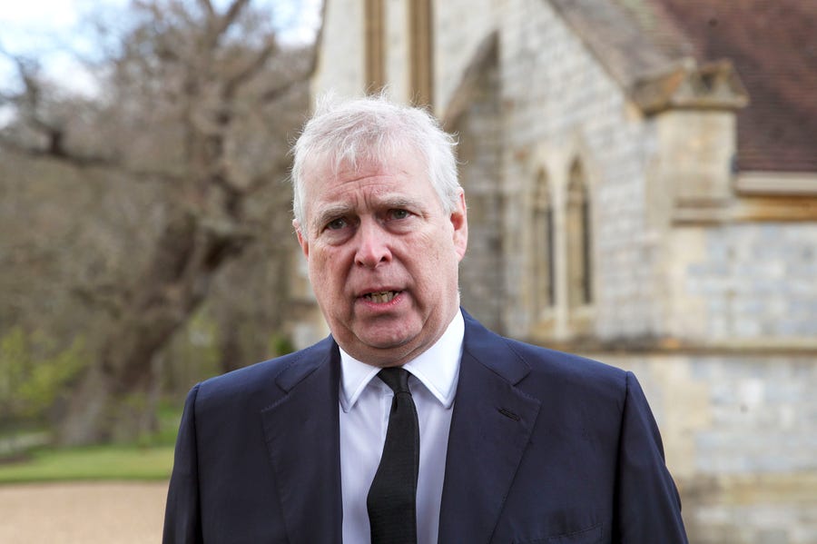 Prince Andrew at the Royal Chapel of All Saints at Royal Lodge on the Windsor Castle estate, on April 11, 2021, a few days after his father, Prince Philip, died.