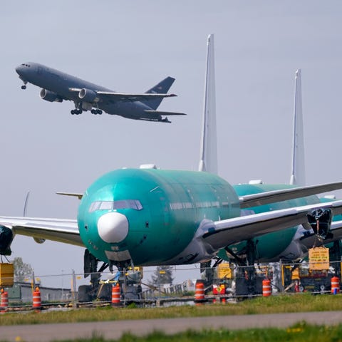 A U.S. Air Force KC-46A Pegasus jet takes off in v