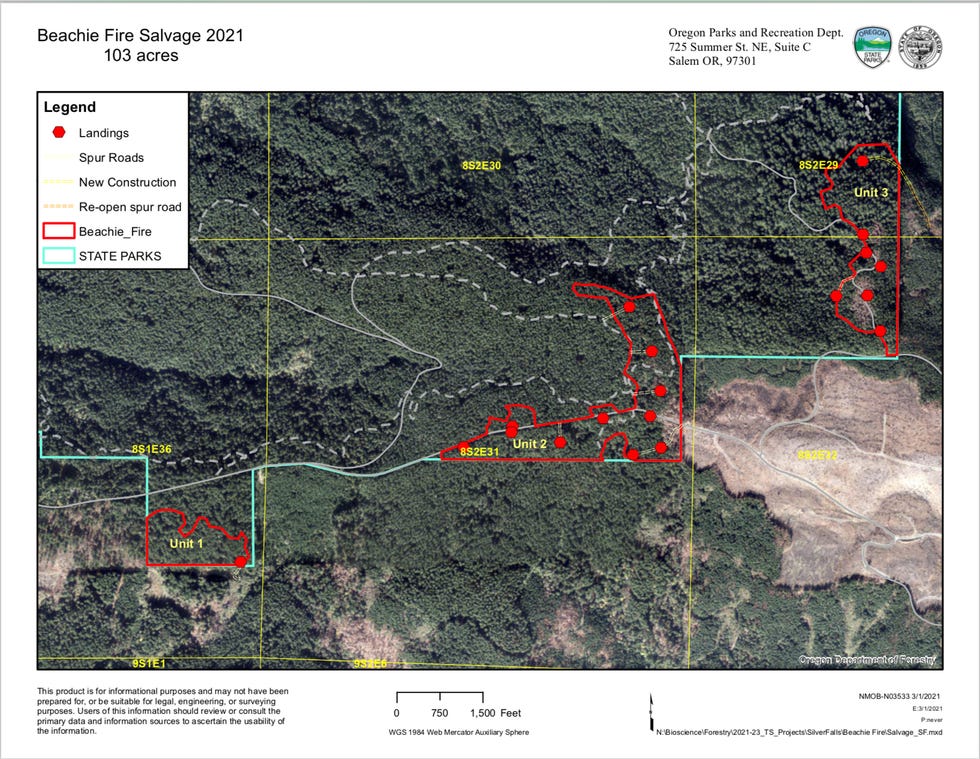 This map shows the location of the planned logging operations at Silver Falls State Park.