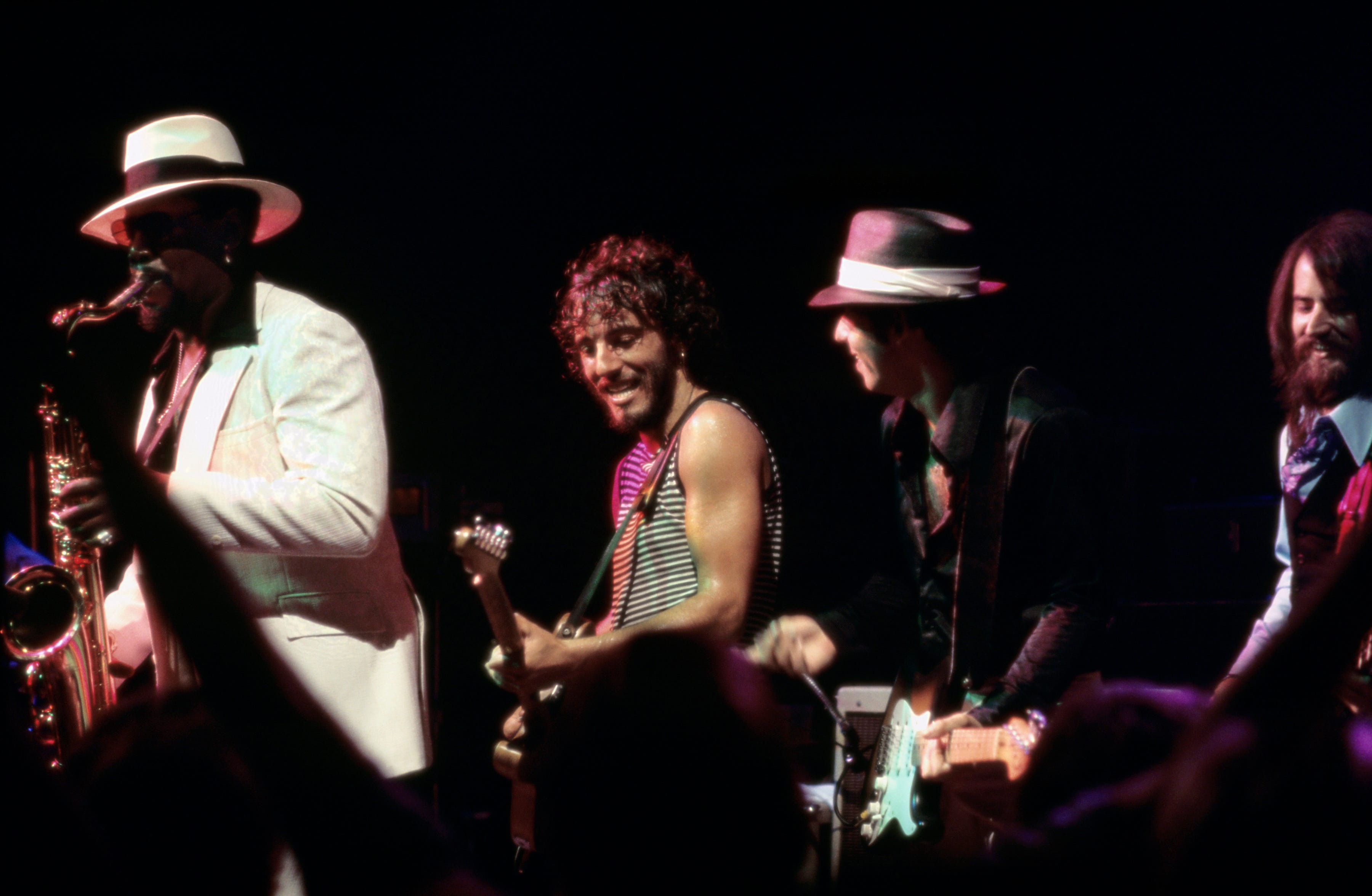 Clarence Clemons, left to right, Bruce Springsteen, Steven Van Zandt and Garry Tallent perform at Alex Cooley's Electric Ballroom on Aug. 22, 1975, in Atlanta. (Photo by Tom Hill/WireImage/Getty Images)