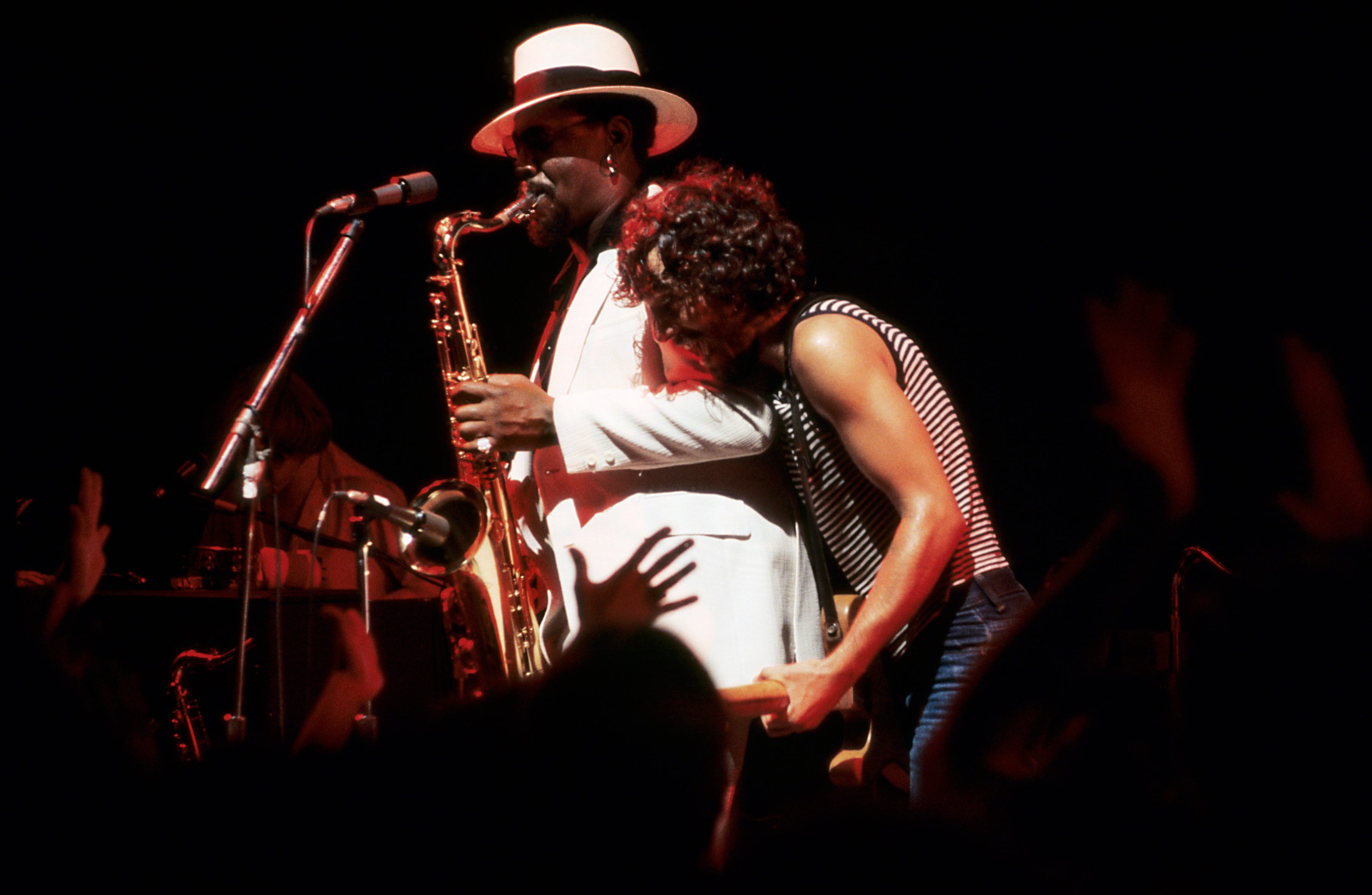 Clarence Clemons and Bruce Springsteen perform with The E-Street Band at Alex Cooley's Electric Ballroom on Aug. 22, 1975, in Atlanta. (Photo by Tom Hill/WireImage/Getty Images)