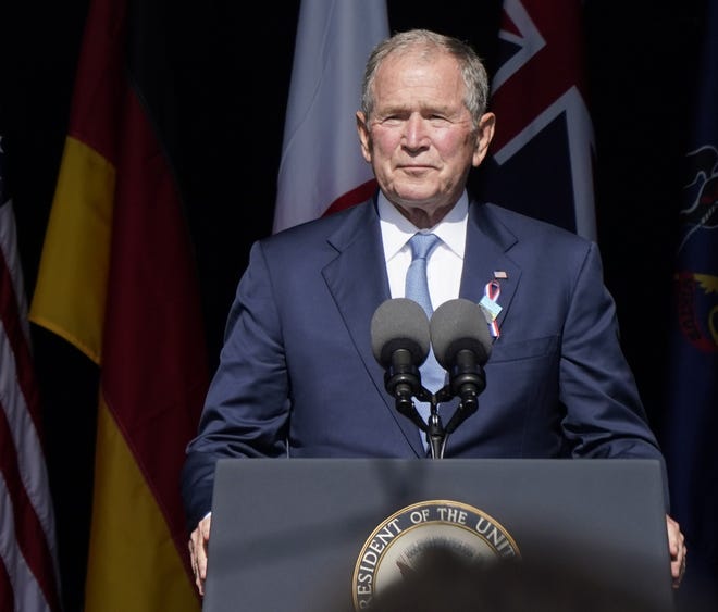 Former President George W. Bush speaks during a memorial for the passengers and crew of United Flight 93, Sept. 11, 2021, in Shanksville, Pa., on the 20th anniversary of the Sept. 11, 2001 attacks.