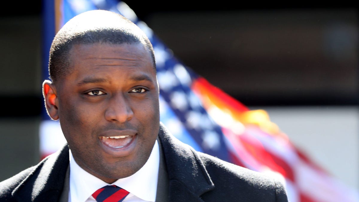 U.S. Congressman Mondaire Jones speaks during a news conference at Spring Valley High School March 15, 2021.