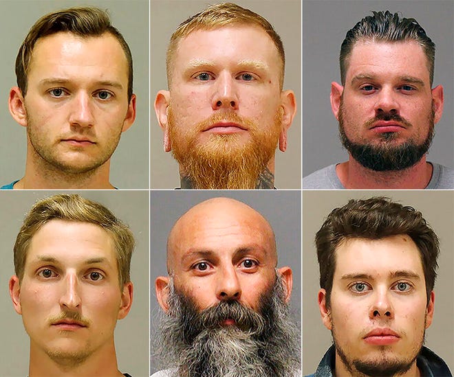 This photo shows from top left, Kaleb Franks, Brandon Caserta, Adam Dean Fox, and bottom left, Daniel Harris, Barry Croft, and Ty Garbin. A federal judge on Friday, Sept. 17, 2021,  said he would postpone the Oct. 12 trial of five men accused of planning to kidnap Michigan Gov. Gretchen Whitmer.