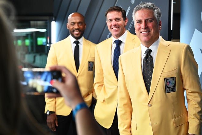 "Monday Night Football's" Louis Riddick, from left, Brian Griese and Steve Levy will be in the broadcast booth at Lambeau Field for the Detroit Lions-Green Bay Packers game on Monday.