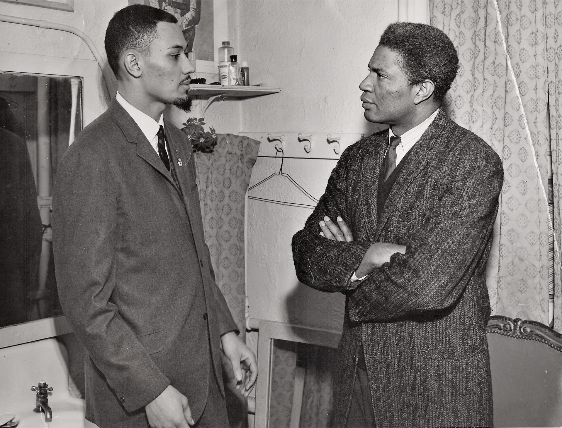 Weldon Rougeau, left, speaks with Ossie Davis during a trip to New York in 1962, where Rougeau and other civil rights activists recounted their experiences for a Commission of Inquiry into the Administration of Justice in the Freedom Struggle, led by Eleanor Roosevelt.