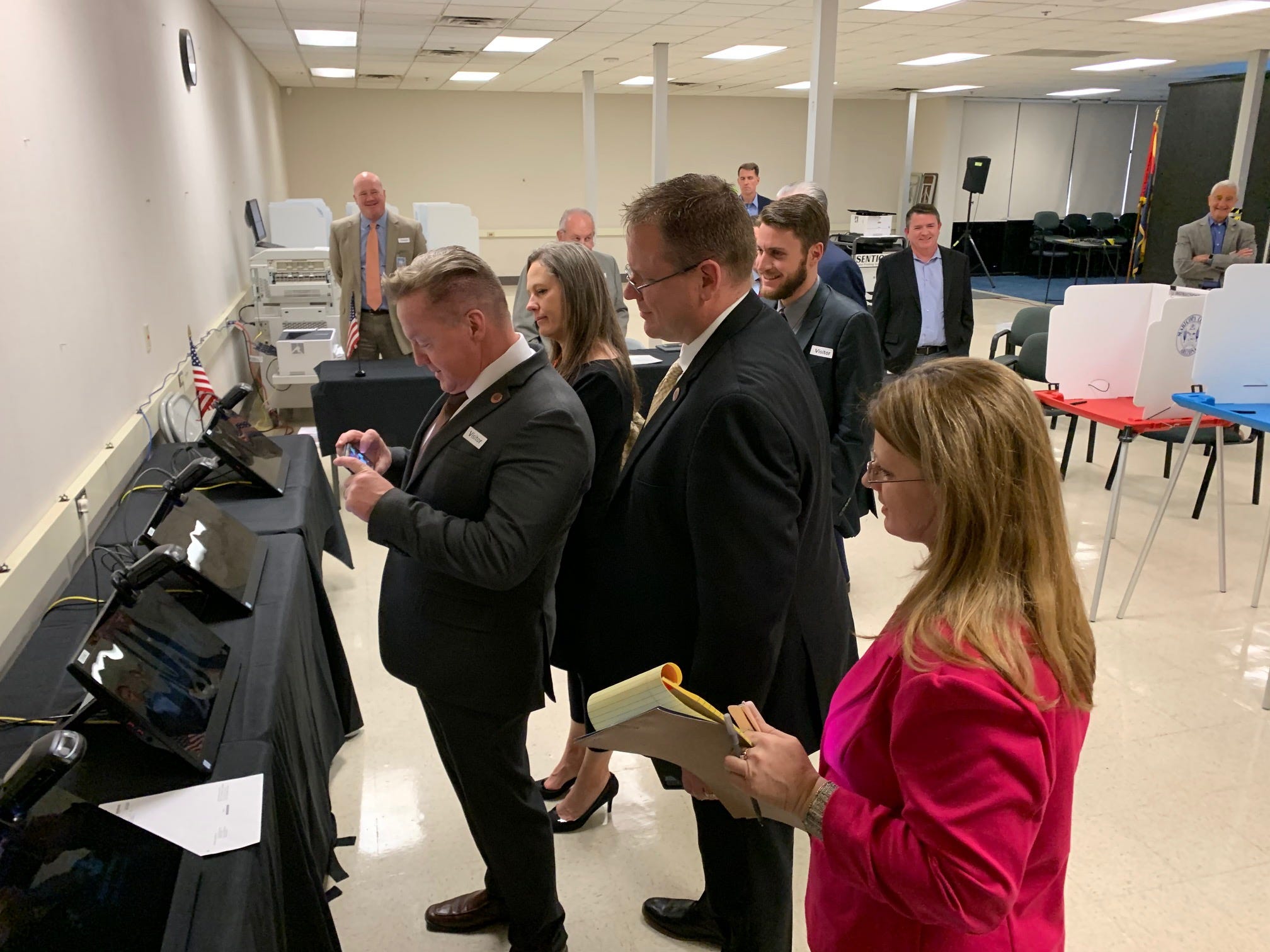 Republican lawmakers are briefed on Dominion Voting Systems equipment at Maricopa County Tabulation and Election Center in Phoenix on Jan. 6, 2020, 10 months before the election.