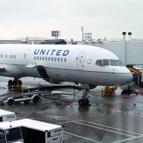 A United Airlines plane is parked at Boston Logan 