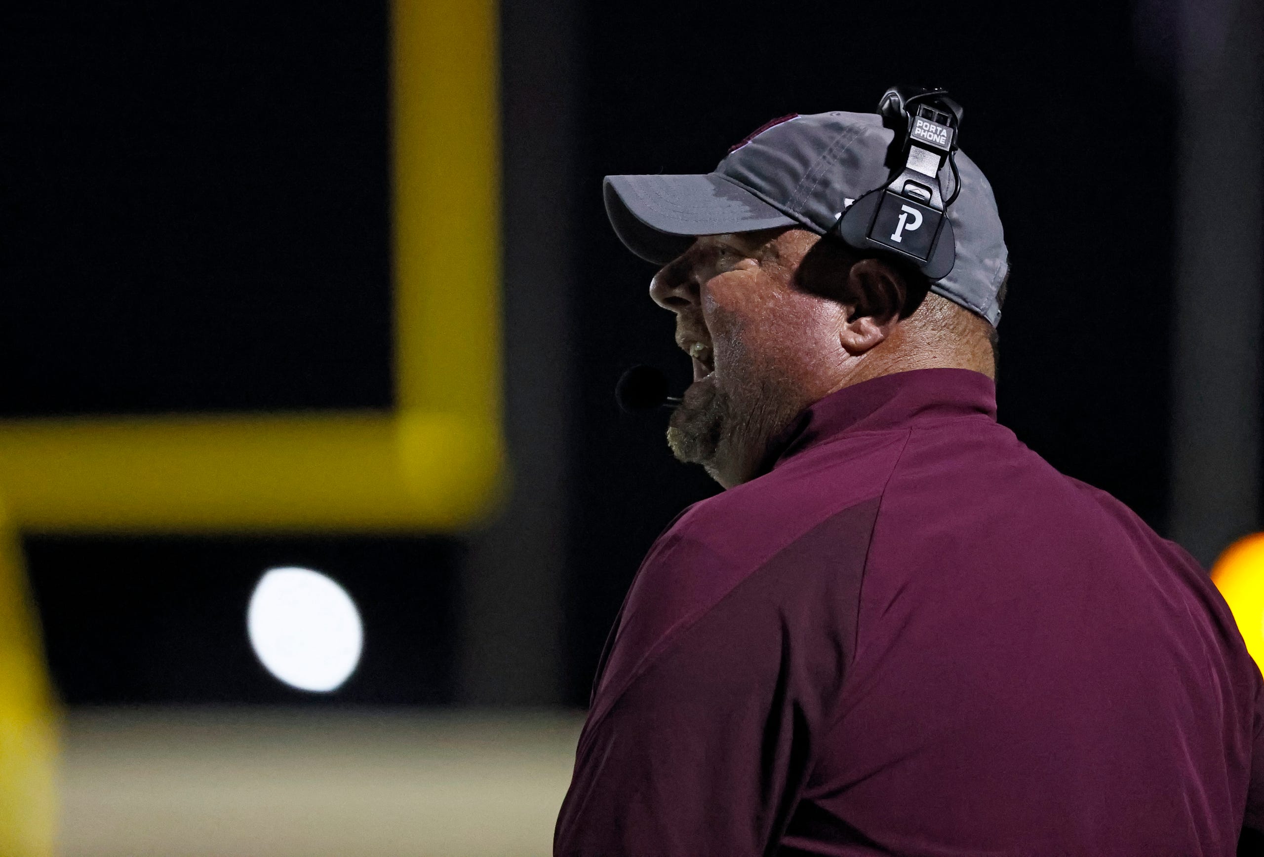 Littlefield coach Jimmy Thomas yells down the sidelines during the game against Littlefield, Friday, Sept. 17, 2021, in Idalou, Texas.