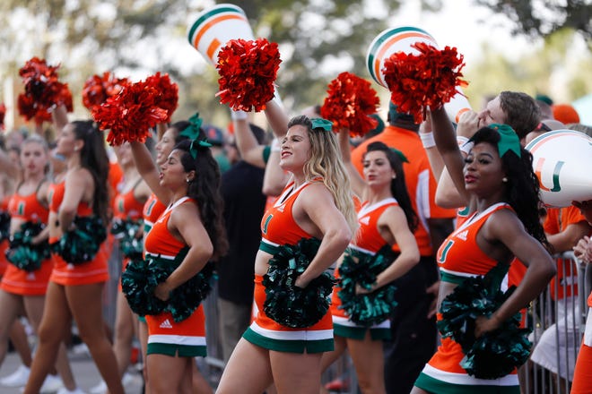 The Miami Hurricanes cheerleaders perform prior to Saturday's game against the Michigan State Spartans in Miami Gardens, Fla.