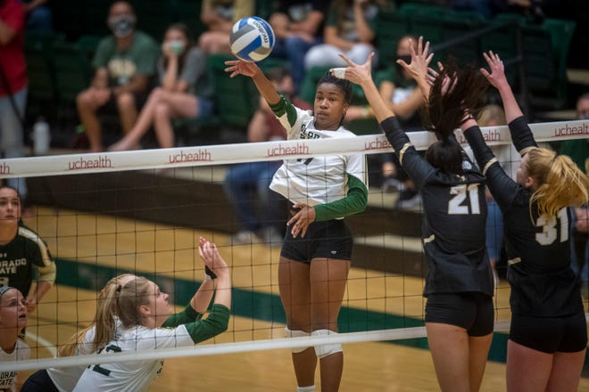 CSU volleyball's Kennedy Stanford, shown during a Sept. 18, 2021 match against Colorado at Moby Arena, had 21 kills Saturday in a four-set win at Boise State that gave the Rams a share of their 17th Mountain West regular-season title in 25 seasons.