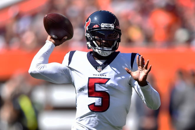 Houston Texans quarterback Tyrod Taylor throws during the first half of an NFL football game against the Cleveland Browns, Sunday, Sept. 19, 2021, in Cleveland. (AP Photo/David Richard)