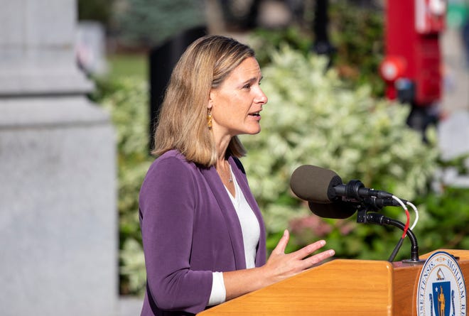 Energy and Environmental Affairs Secretary Kathleen Theoharides at an event on Hancock Adams Common to announce $7.8 million in state money awarded through the state's Green Communities programs to dozens of municipalities including Quincy on Sept. 20, 2021.