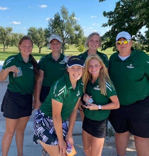 Pratt High School golfers pictured at Larned last week included: (from left, back) Emma Roadhouse, Sage Kohman, Avery Blasi, Coach Erika Householter and (front) Madaline Drake, Lexi Blasi.