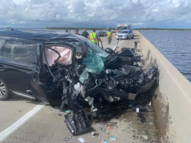 First responders arrive on the scene of a head-on collision Monday on the Mid-Bay Bridge. Two Niceville residents were taken to Fort Walton Beach Medical Center to be treated for serious but non-life-threatening injuries.
