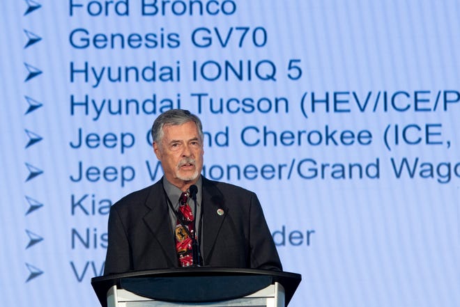Gary Witzenburg, president of the North American Car and Truck of the Year awards, announces the semi-finalists during a press conference at Motor Bella, inside the M1 Concourse, in Pontiac, September 21, 2021.