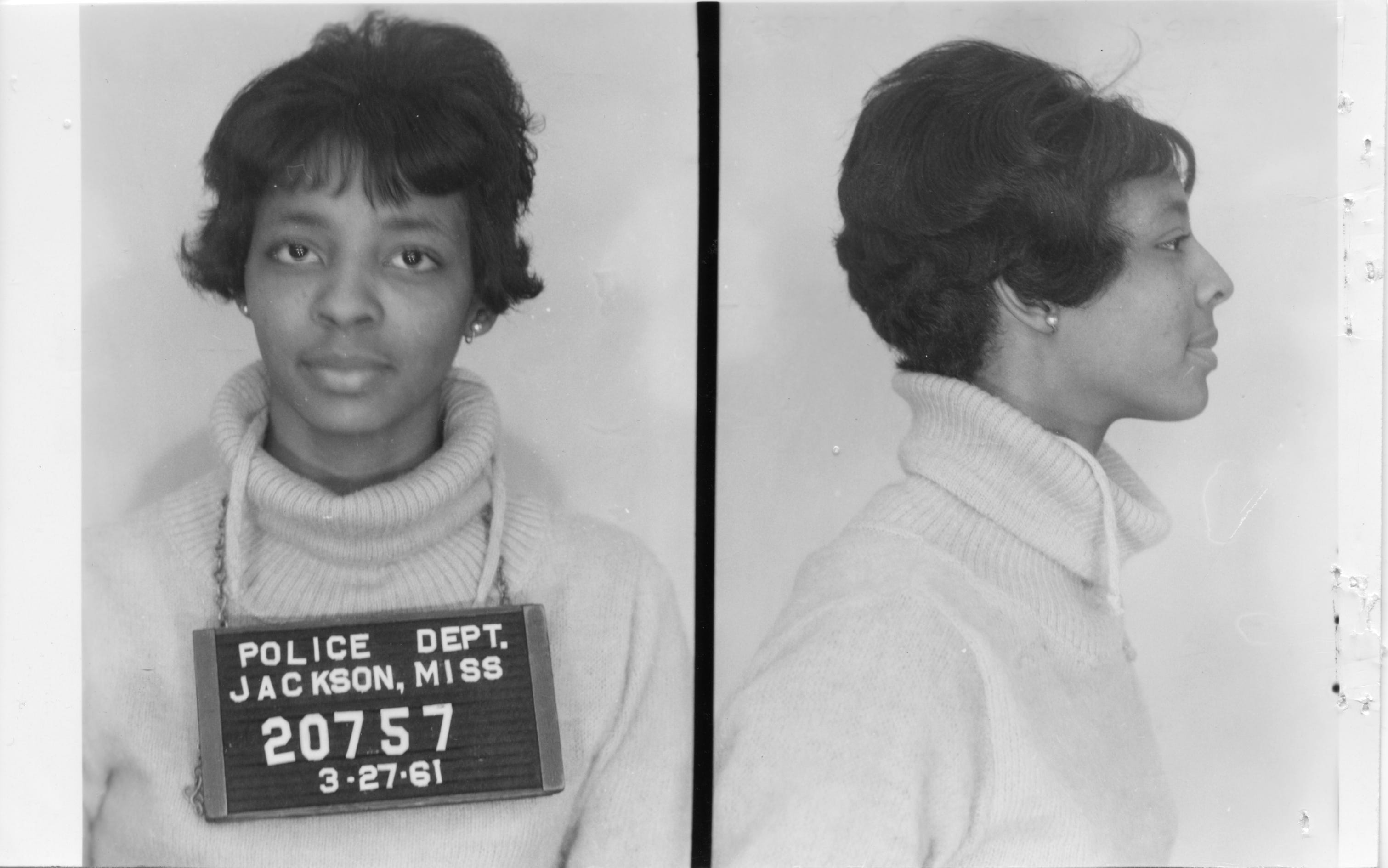 Police booked Ethel Sawyer, one of the "Tougaloo 9" students arrested on March 27, 1961, for entering the all-white library in Jackson, Miss.