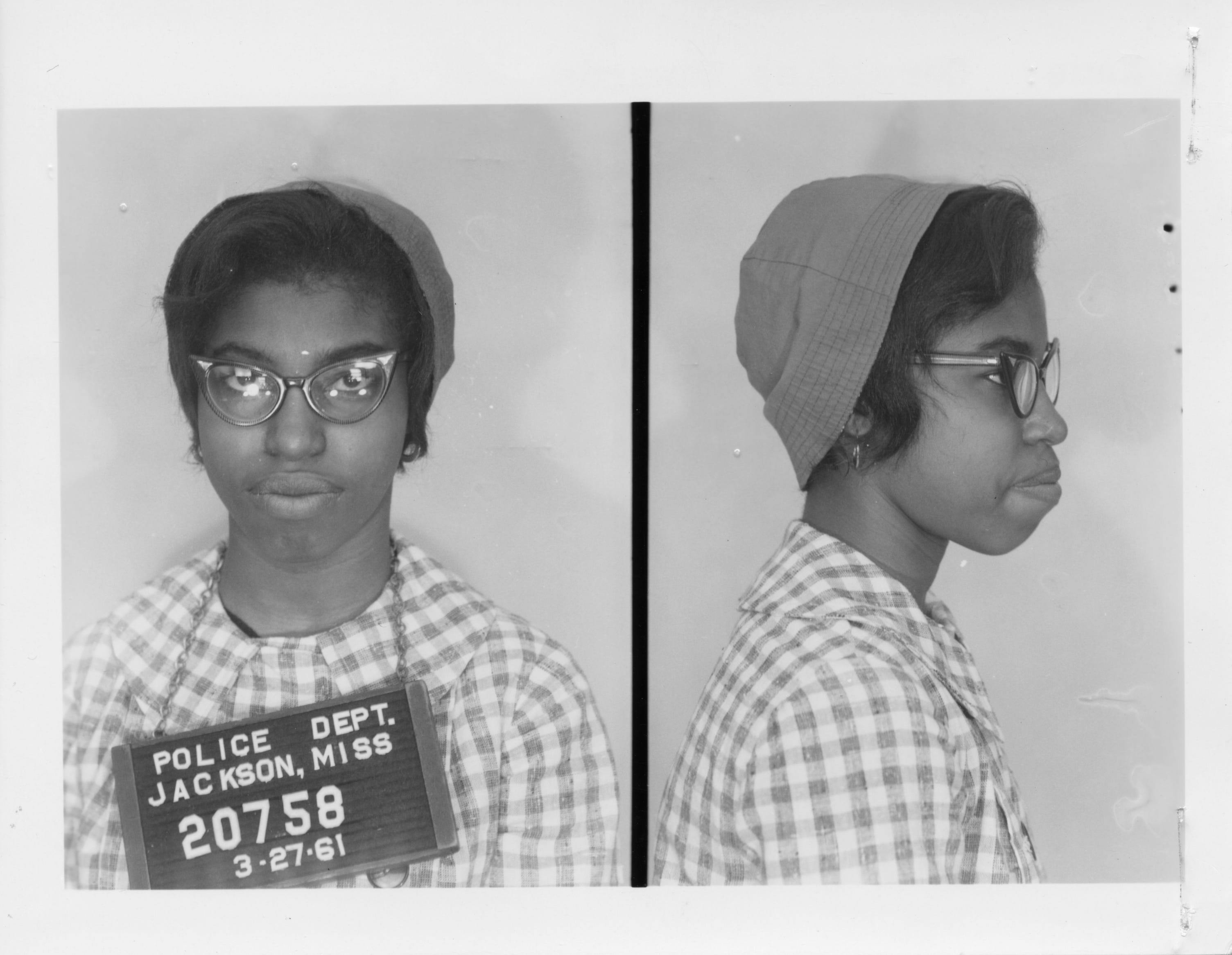 Police booking photo of Geraldine Edwards, one of the "Tougaloo 9" students who were arrested on March 27, 1961 for entering the all-white library in Jackson, Miss.
