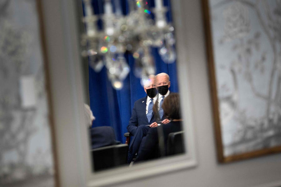 President Joe Biden waits for a  bilateral meeting with United Nations Secretary General Antonio Guterres on the sidelines of the UN General Assembly 76th session General Debate at the United Nations Headquarters, in New York, September 20, 2021.